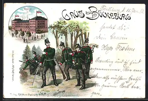 Lithographie Bückeburg, Kaserne, Soldaten in Uniform im Manöver