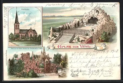 Lithographie Venn, Garten des Restaurant Loers, Lourdes-Grotte