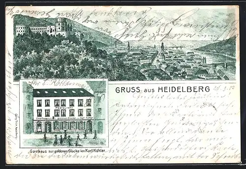 Lithographie Heidelberg, Gasthaus zur goldenen Glocke