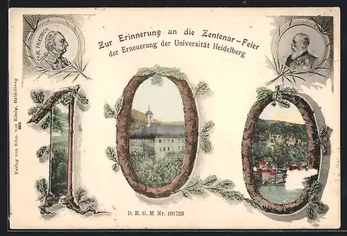 AK Heidelberg, Zur Erinnerung an die Zentenar-Feier der Erneuerung der Universität, Zahl 100 mit Ortspartien