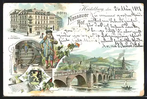 Lithographie Heidelberg, Hotel Nassauer Hof, Alte Brücke