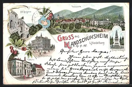 Lithographie Handschuhsheim b. Heidelberg, Neues Schulhaus, Rathaus, Die Burgruine