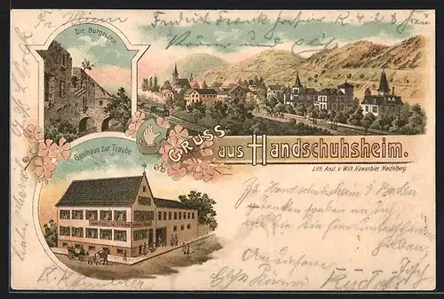 Lithographie Handschuhsheim, Gasthaus zur Traube, Die Burgruine