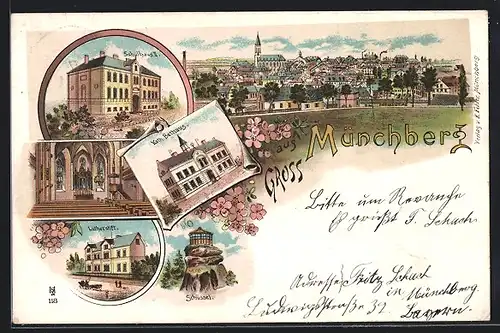 Lithographie Münchberg, Kath. Betthaus, Lutherstift, Schüssel, Schulhaus II.