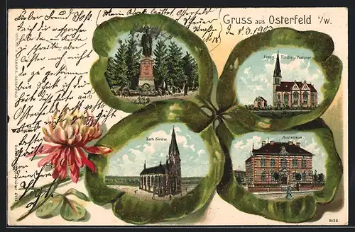 Passepartout-Lithographie Osterfeld i. W., Amtshaus, Evang. Kirche und Pastorat, Kath. Kirche, Kleeblatt