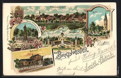 Lithographie Birkenwerder, Sanatorium, Kirche, Bahnhof