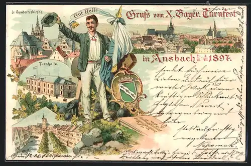 Lithographie Ansbach, X. Bayer. Turnfest 1897, Turnhalle, Steinerne Promenade