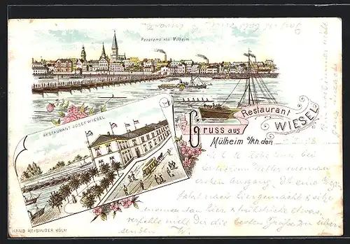 Lithographie Mülheim a. Rh., Restaurant Wiesel, Panorama