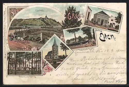 Lithographie Elten, Ortsansicht, Kirche, Polderbusch Heiting, Polderbusch Reyers, Drusus-Brunnen