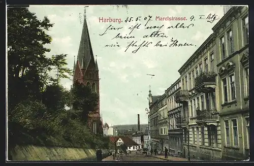 AK Hamburg-Harburg, Maretstrasse mit Kirchblick