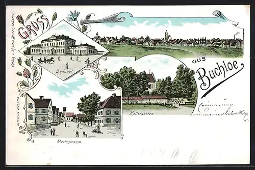 Lithographie Buchloe, Bahnhof, Marktstrasse, Kellergarten