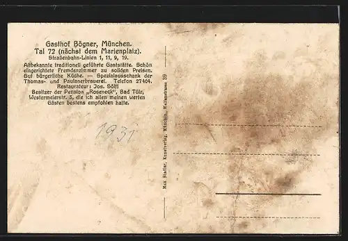 AK München, Gasthof Bögner, Tal 72