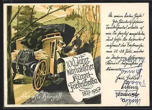 Künstler-AK Friedrichroda, 100 Jahre klimatischer Kurort 1937, der erste Kurgast, Festpostkarte