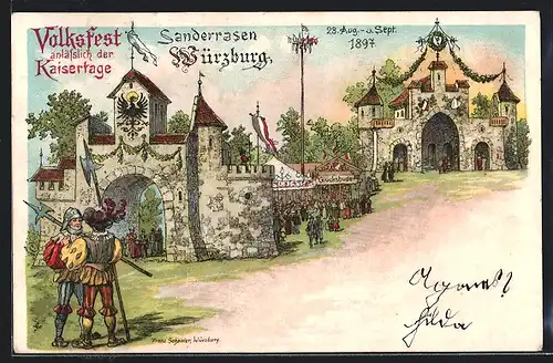 Lithographie Würzburg, Volksfest anlässlich der Kaisertage auf dem Sanderrasen 1897, Festplatz, Verlag Franz Scheiner