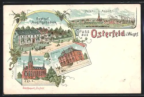 Lithographie Osterfeld i. W., Gasthof Aug. Fischedick, Amtshaus, Totalansicht