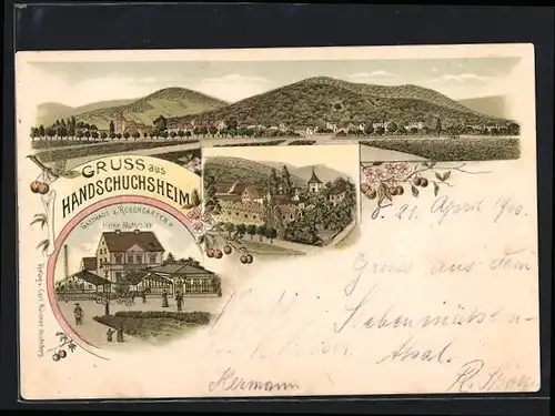 Lithographie Heidelberg-Handschuhsheim, Gasthaus zum Rosengarten von Heinr. Mutschler, Panorama