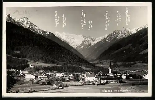 AK Mieders im Stubaital, Ortsansicht mit Wilder Pfaff, Trögler und Pfandlspitze