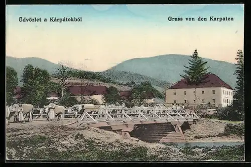 AK Karpaten, Ort in den Karpaten, Ortspartie mit Rindern auf einer Brücke