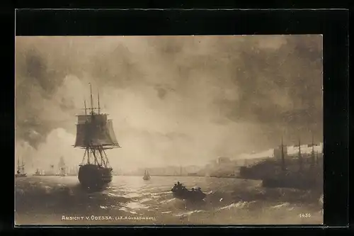 Künstler-AK Odessa, Ansicht mit Segelschiff vom Wasser aus