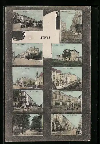 AK Stryj, Ansichtskartenmotive der Ortschaft, Collage