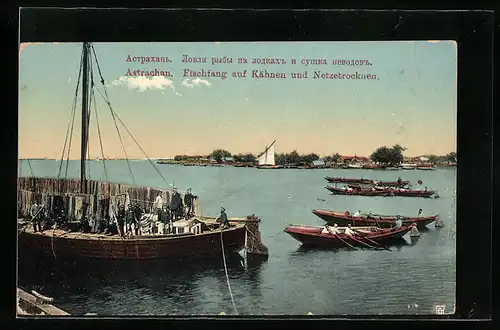 AK Astrachan, Fischfang auf Kähnen und Netzetrocknen