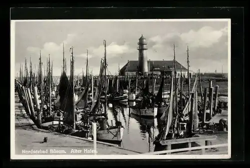 AK Büsum /Nordsee, Alter Hafen mit Leuchtturm