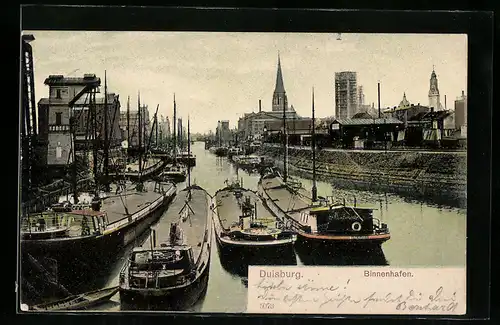 AK Duisburg, Binnenhafen-Partie mit Stadtpanorama