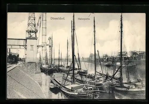 AK Düsseldorf, Hafenpartie mit Segelschiffen