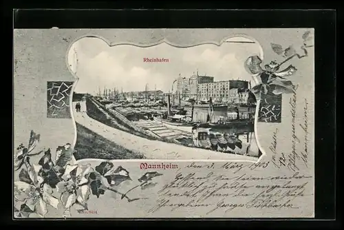 Passepartout-AK Mannheim, Rheinhafen mit Uferweg