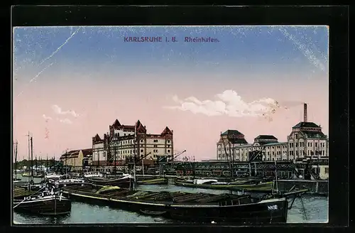 AK Karlsruhe i. B., Rheinhafen mit Speichergebäuden