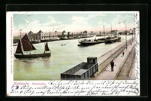 AK Karlsruhe i. B., Rheinhafen-Partie mit Bahnschienen und Arbeitern