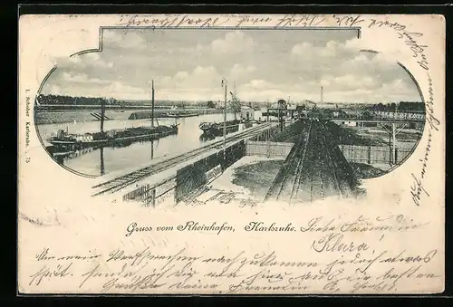 AK Karlsruhe i. B., Rheinhafen aus der Vogelschau