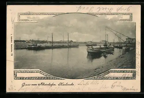 AK Karlsruhe i. B., Rheinhafen mit Frachter beim Löschen