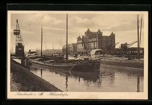 AK Karlsruhe i. B., Rheinhafen mit Löschkran