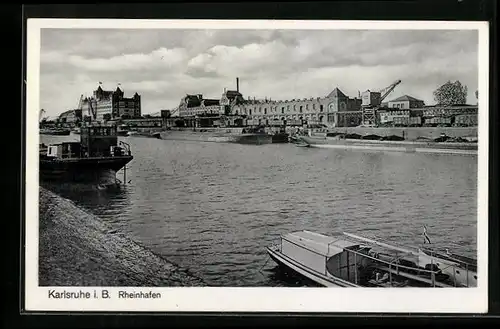 AK Karlsruhe i. B., Rheinhafen mit Barkasse