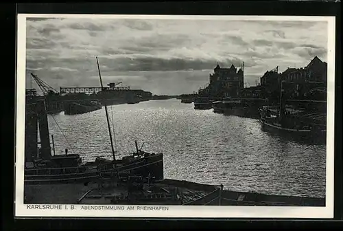 AK Karlsruhe i. B., Abendstimmung am Rheinhafen