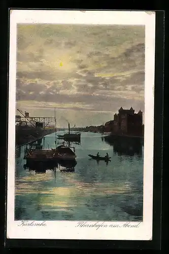 AK Karlsruhe i. B., Rheinhafen am Abend