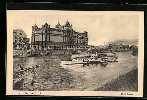 AK Karlsruhe i. B., Rheinhafen mit fahrendem Dampfschiff