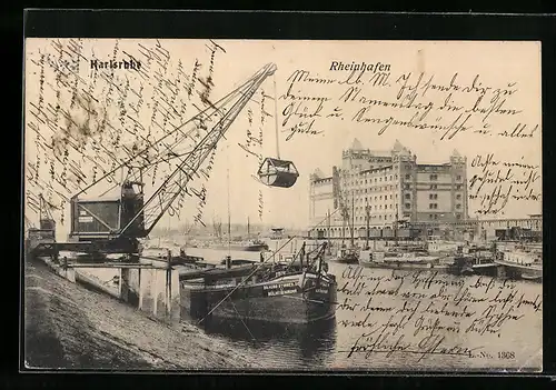 AK Karlsruhe i. B., Rheinhafen, Löschen eines Frachtschiffes