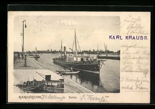 AK Karlsruhe i. B., Rheinhafenpartien mit Löschkran und Segeldampfer
