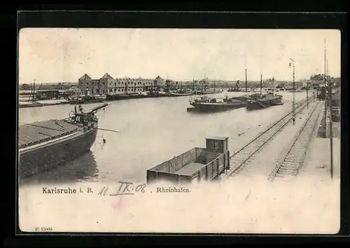 AK Karlsruhe i. B., Rheinhafen mit Waggon auf Bahnschienen