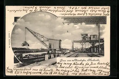 AK Karlsruhe, Rheinhafen mit Kran und Lastkahn