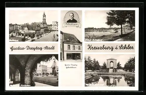 AK Kreuzburg, Heldendenkmal, Rathaus-Arkaden, Städ. Volksbad, Rathaus