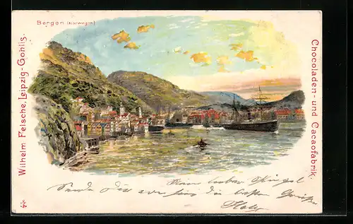 Lithographie Bergen, Ortsansicht vom Wasser aus, mit Segelschiff