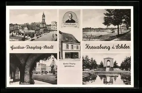 AK Kreuzburg, Heldendenkmal, Rathaus-Arkaden, Städ. Volksbad, Rathaus