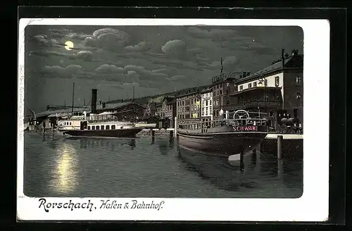 Mondschein-Lithographie Rorschach, Hafen und Bahnhof