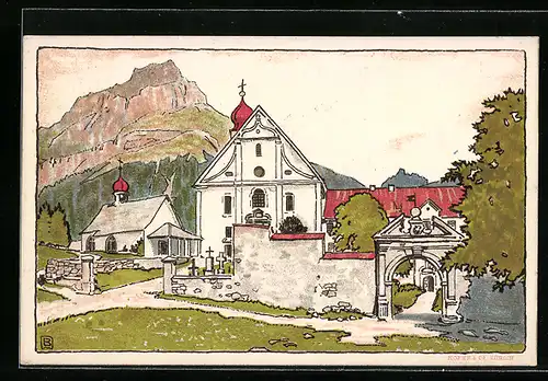 Künstler-AK Engelberg, Kloster mit Blick zum Hahnen