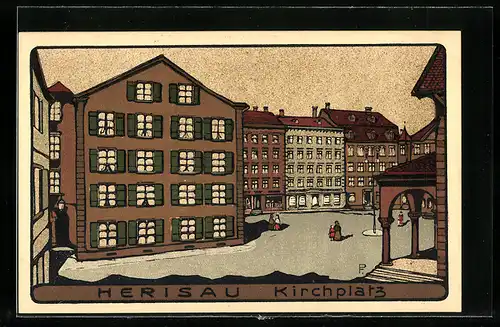Steindruck-AK Herisau, Partie am Kirchplatz
