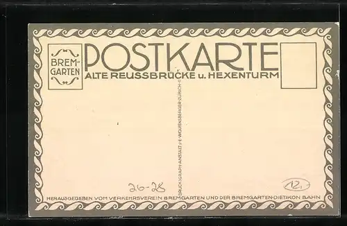 Künstler-AK Bremgarten, Alte Reussbrücke u. Hexenturm