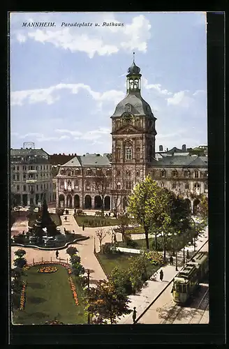 AK Mannheim, Paradeplatz und Rathaus mit Strassenbahn